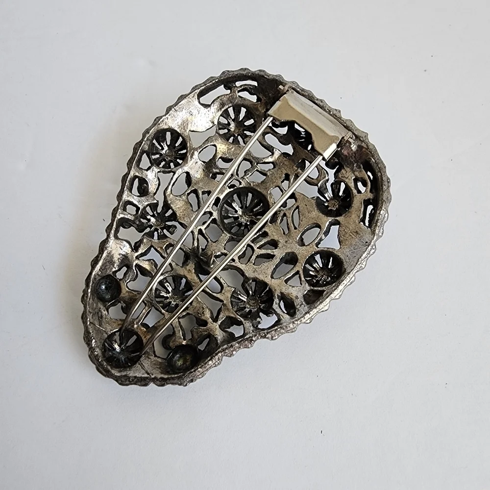 Vintage Antiqued Silver‎ Fur Clip Brooch Large 40s Floral Motif Victorian Style - Picture 3 of 5